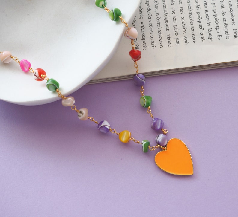 Colorful mother of pearl necklace summer, Rainbow heart necklace, Colored heart necklace, Colored Mother of Pearl Beaded Chain with Heart image 3