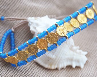 Greek summer coin bracelet, Gold coin bracelet,  Roman coin beads, Small disc bracelet, Miyuki blue beads bracelets