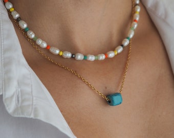 Himmelblaue Halskette, Candy Cube Perlen Halskette, Bunter Schmuck, Geschenk für Bff, Made in Griechenland