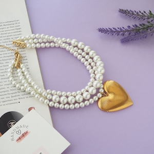 Statement Pearl Necklace Featuring and Bold Fingerprint Heart, Handmade Pearl Necklace with Big Heart Charm image 7