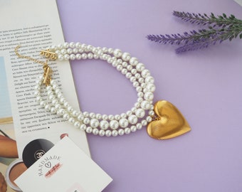 Statement Pearl Necklace Featuring and  Bold Fingerprint Heart, Handmade Pearl Necklace with Big Heart Charm