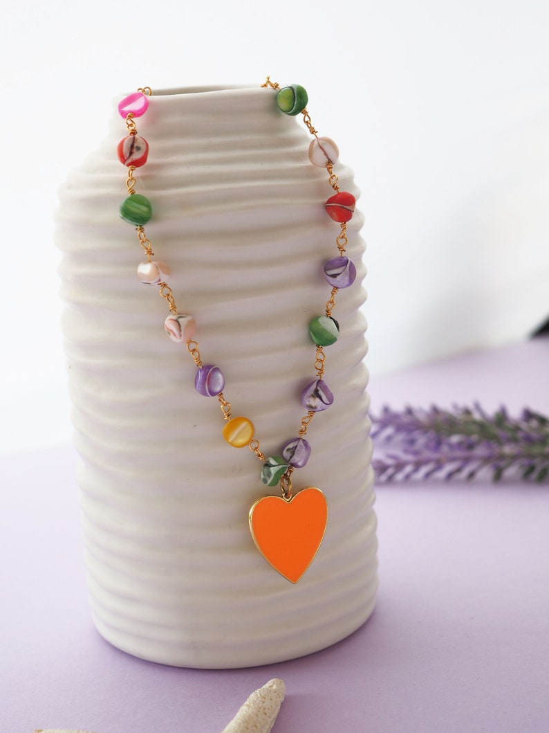 Colorful mother of pearl necklace summer, Rainbow heart necklace, Colored heart necklace, Colored Mother of Pearl Beaded Chain with Heart image 6