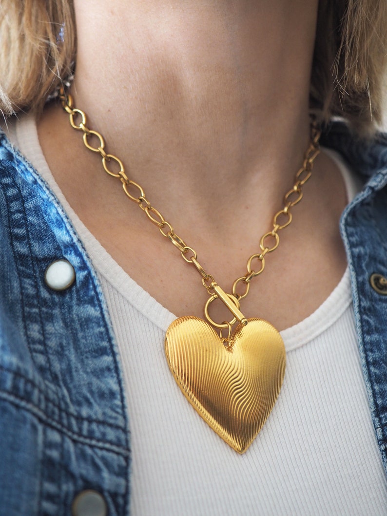 Link chain Finger print Gold Heart Statement Necklace, Gold oversized heart necklace, Big heart necklace,Silver big Heart image 10
