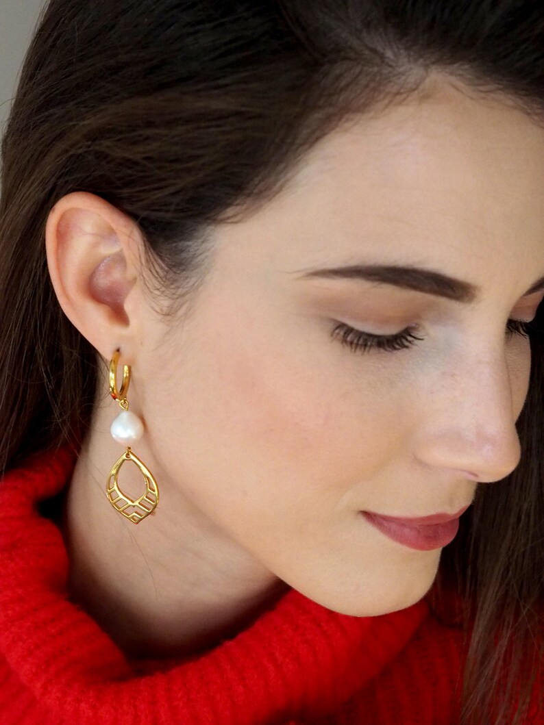 Dangle pearls gold earrings women, Long drop pearl pendant earrings, Geometric gold plated earrings, Gold plated ethnic fashion earrings image 8