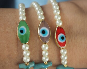 Greek Evil eye  bracelet, protection jewellery, Pears Jewelry for Summer, Nazar jewellery,  Pearl bracelet for  Beach Wedding, Greek amulet,