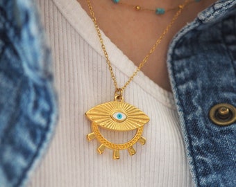 Gold evil eye pendant, Satellite turquoise chain jewellery, Set of two Layering necklaces, Double necklace, Handmade in Greece, Summer chain