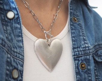 Link chain Finger print Silver  Heart Statement Necklace, Silver  oversized heart necklace, Big heart necklace, Gold  big Heart