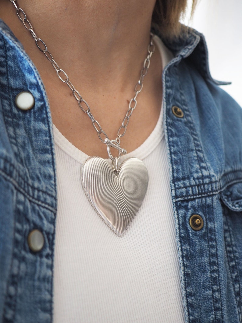 Link chain Finger print Gold Heart Statement Necklace, Gold oversized heart necklace, Big heart necklace,Silver big Heart image 8