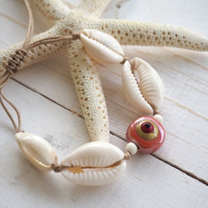 Evil eye with shell bracelet, Cowrie beach bracelet for women, Red