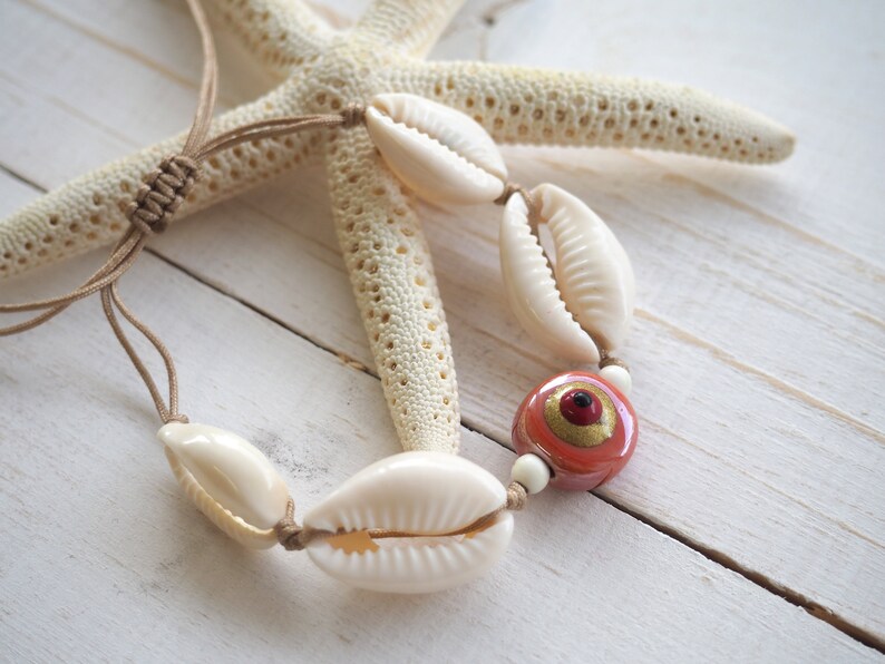 Evil eye with shell bracelet, Cowrie beach bracelet for women, Red