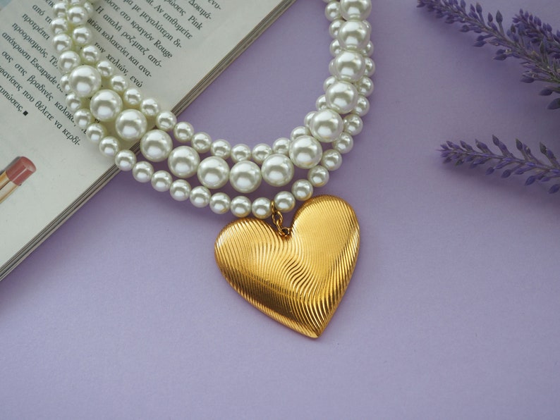 Statement Pearl Necklace Featuring and Bold Fingerprint Heart, Handmade Pearl Necklace with Big Heart Charm image 2