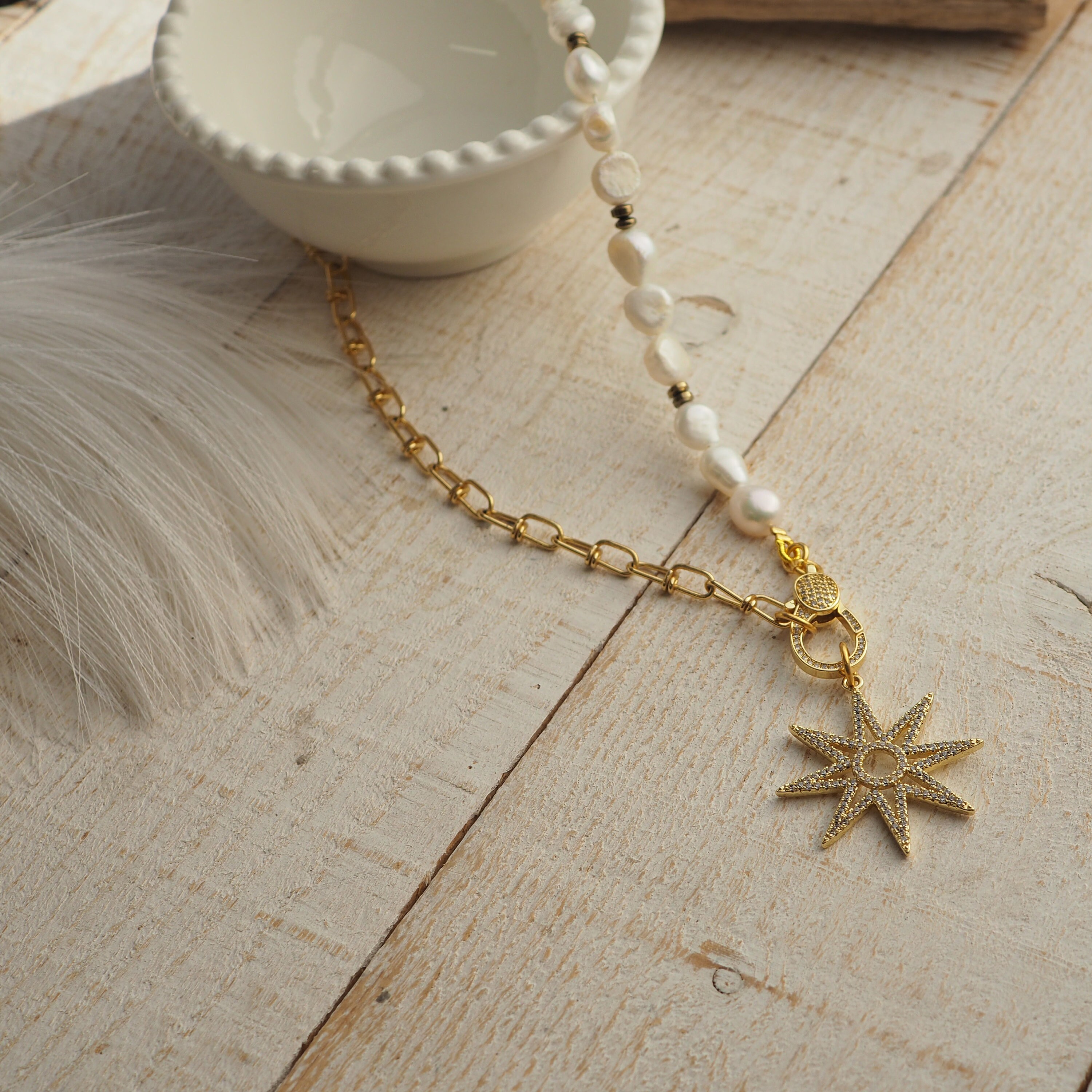 Christmas Star Pearl Necklace, Statement Pearl Carabiner Christmas Star Pearl Necklace, Statement Pearl Carabiner