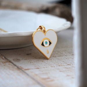 Gold evil eye necklace, Statement  Love charm, Long distance gift for bff, Enamel white, heart pendant