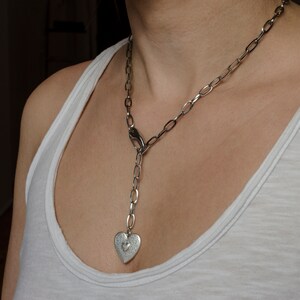 Silver Lariat necklace for women, Chunky chain lariat heart necklace, Adjustable antique silver chain pendant, image 2