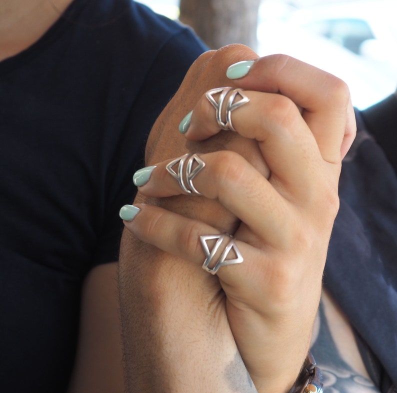 Bohemian geometric silver ring, Cuff Midi ring, Double triangle ring, Statement Silver ring with Wireframe Rhombus image 1