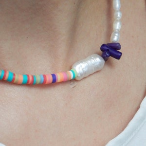 Half Pearl Beaded Necklace, Polymer clay summer necklace with pearls, Surfer Necklace image 6