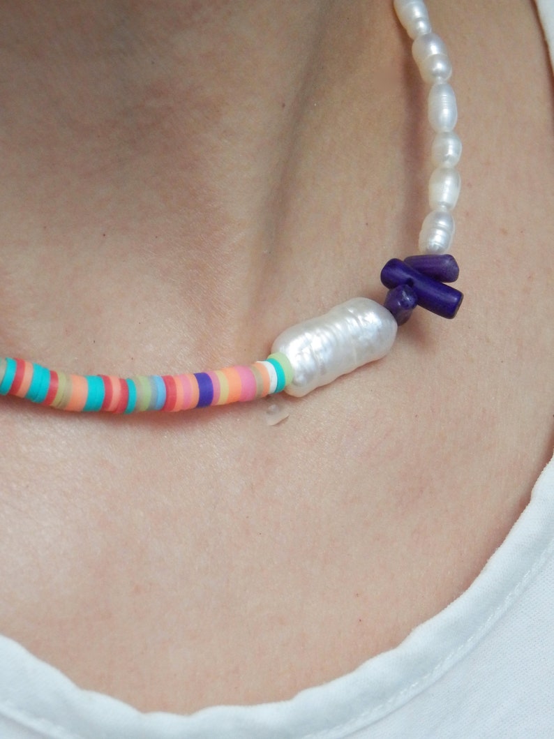 Half Pearl Beaded Necklace, Polymer clay summer necklace with pearls, Surfer Necklace image 6