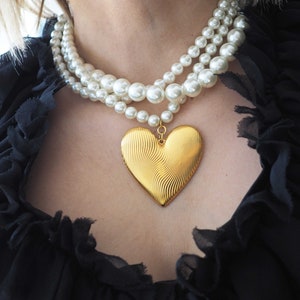 Statement Pearl Necklace Featuring and Bold Fingerprint Heart, Handmade Pearl Necklace with Big Heart Charm image 5