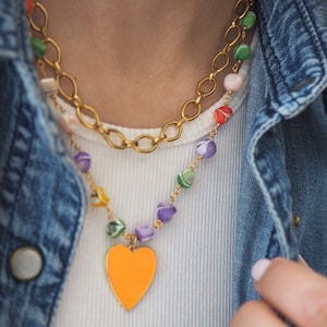 Colorful mother of pearl necklace summer, Rainbow heart necklace, Colored heart necklace, Colored Mother of Pearl Beaded Chain with Heart image 1