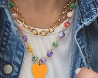 Colorful mother of pearl necklace summer, Rainbow  heart necklace, Colored  heart  necklace, Colored Mother of Pearl Beaded Chain with Heart