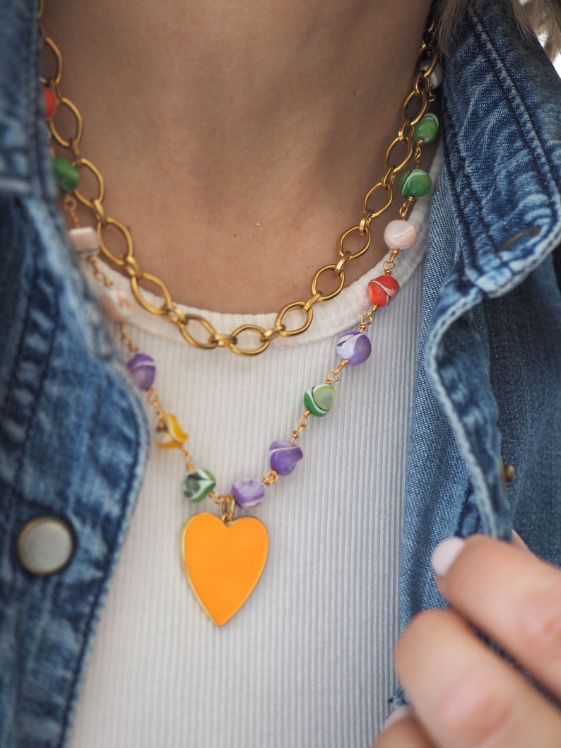 Colorful mother of pearl necklace summer, Rainbow heart necklace, Colored heart necklace, Colored Mother of Pearl Beaded Chain with Heart image 1