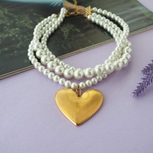 Statement Pearl Necklace Featuring and Bold Fingerprint Heart, Handmade Pearl Necklace with Big Heart Charm image 3