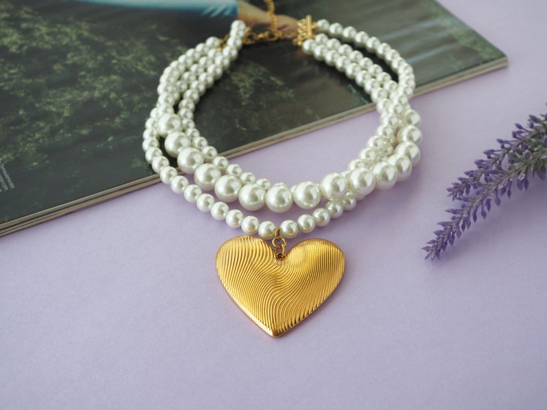 Statement Pearl Necklace Featuring and Bold Fingerprint Heart, Handmade Pearl Necklace with Big Heart Charm image 3