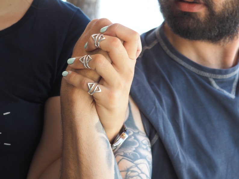 Bohemian geometric silver ring, Cuff Midi ring, Double triangle ring, Statement Silver ring with Wireframe Rhombus image 4