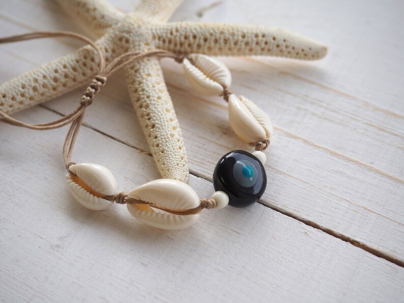 Evil eye with shell bracelet, Cowrie beach bracelet for women, Black