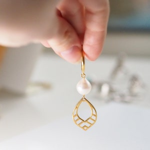 Dangle pearls gold earrings women, Long drop pearl pendant earrings, Geometric gold plated earrings, Gold plated ethnic fashion earrings image 6