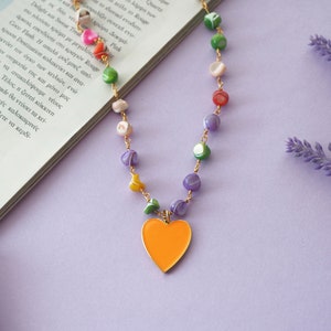 Colorful mother of pearl necklace summer, Rainbow heart necklace, Colored heart necklace, Colored Mother of Pearl Beaded Chain with Heart image 2