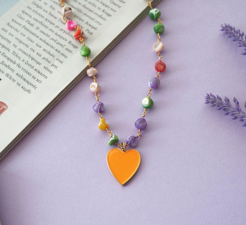 Colorful mother of pearl necklace summer, Rainbow heart necklace, Colored heart necklace, Colored Mother of Pearl Beaded Chain with Heart image 2
