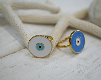 Greek evil eye ring, Blue evil eye round ring, Summer Greek islands jewelry, Made in Greece, Mykonos ring, Santorini ring,