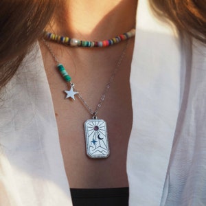 Silber Tablet Anhänger Schmuck, Silber Tarot Charm Halskette, Die Sonne Tarot Karten Halskette,