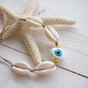 Evil eye with shell bracelet, Cowrie beach bracelet for women, White