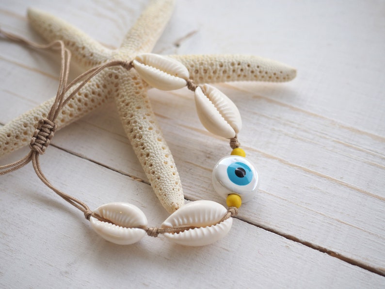 Evil eye with shell bracelet, Cowrie beach bracelet for women, White