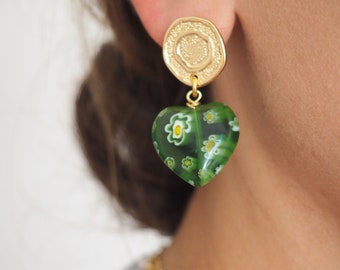 Cottage core earrings, Gold green heart dangle hoop earrings, Green millefiori heart, Murano jewels