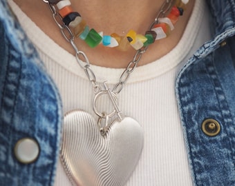 Set of two Layering necklaces, Double necklace, Rainbow  tige'r eye beads, Silver big heart necklace,  Handmade in Greece, Summer chain