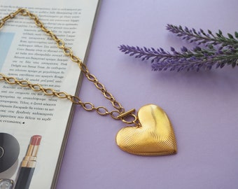 Link chain Finger print Gold Heart Statement Necklace, Gold oversized heart necklace, Big heart necklace,Silver big Heart