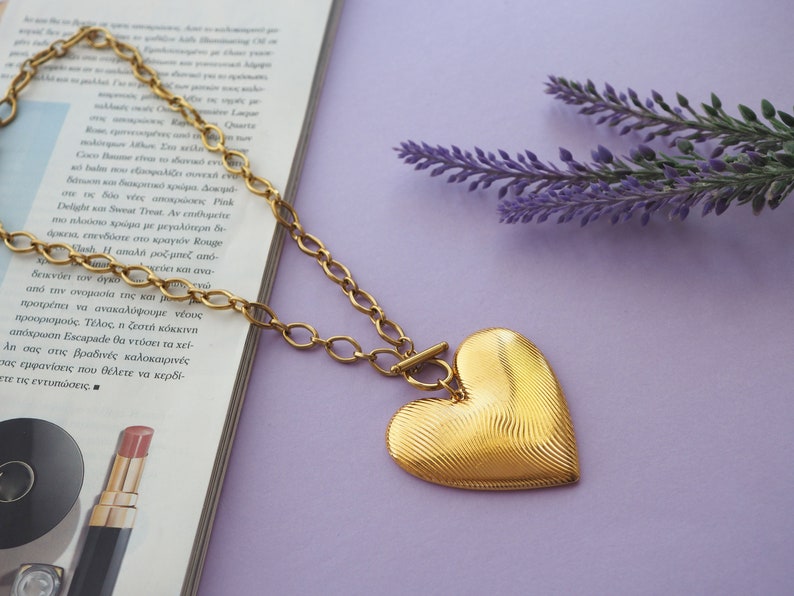 Link chain Finger print Gold Heart Statement Necklace, Gold oversized heart necklace, Big heart necklace,Silver big Heart image 1