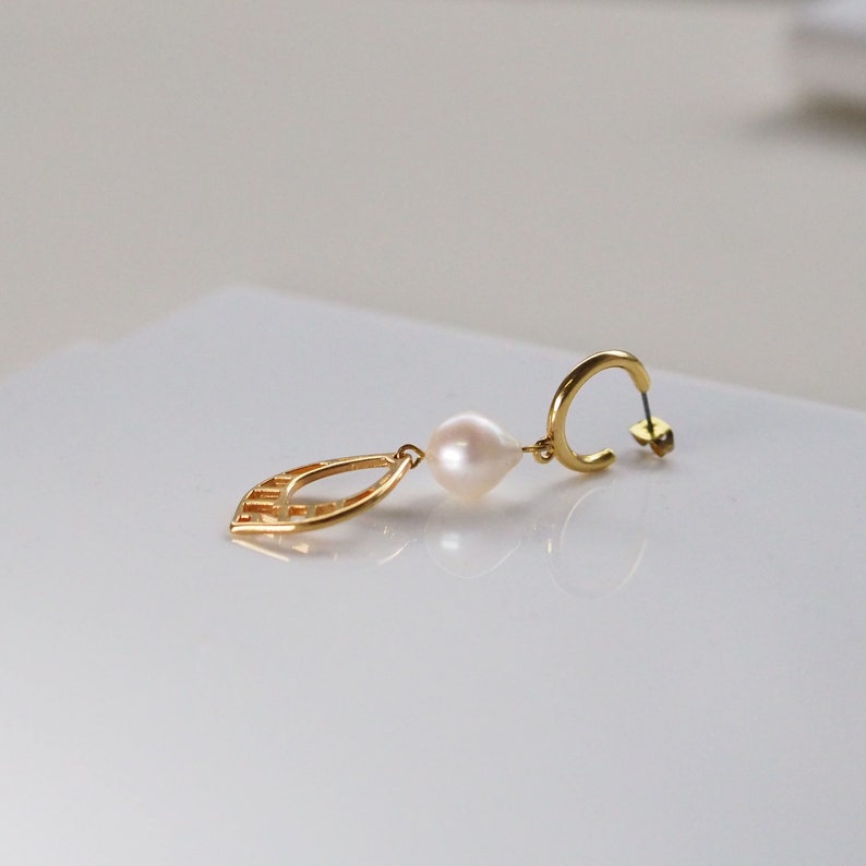 Dangle pearls gold earrings women, Long drop pearl pendant earrings, Geometric gold plated earrings, Gold plated ethnic fashion earrings image 5