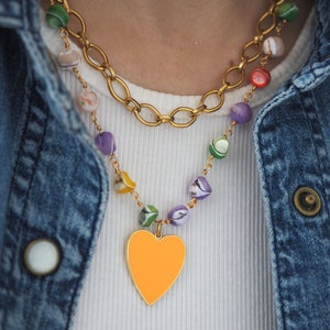 Colorful mother of pearl necklace summer, Rainbow heart necklace, Colored heart necklace, Colored Mother of Pearl Beaded Chain with Heart image 7