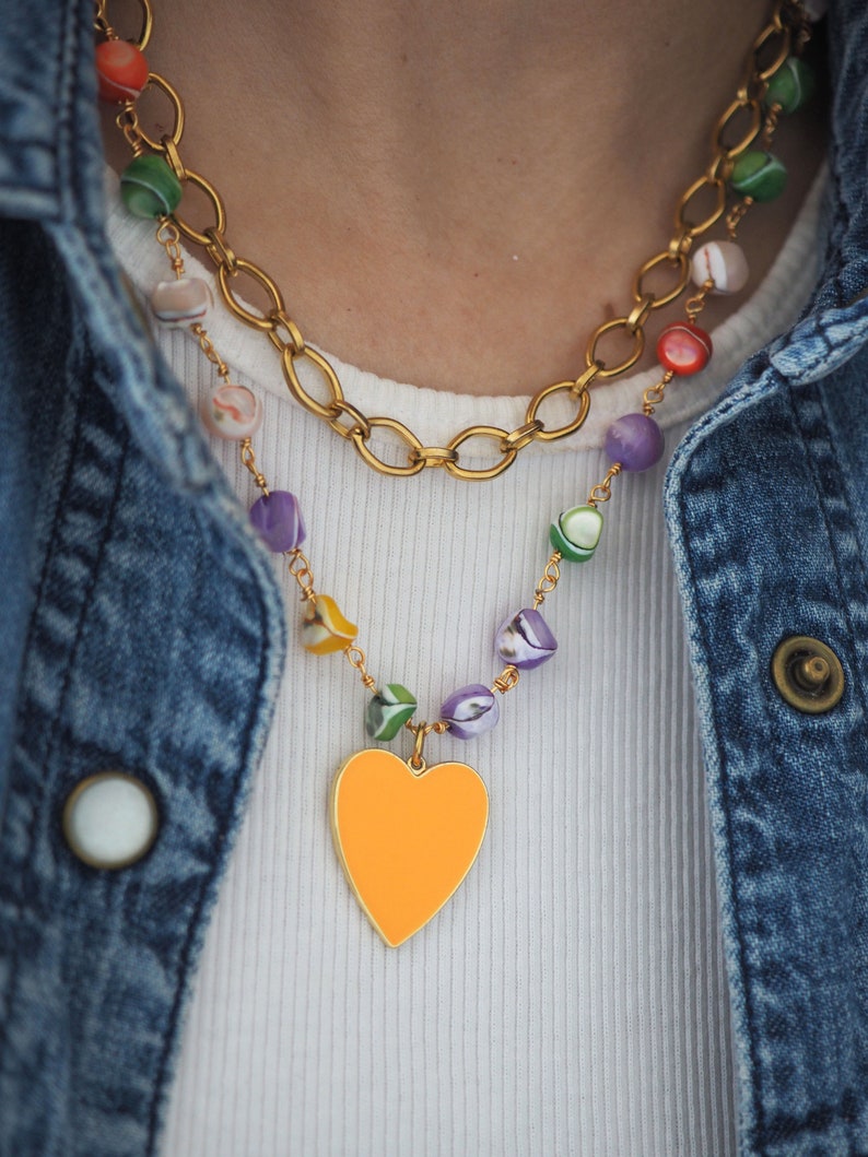 Colorful mother of pearl necklace summer, Rainbow heart necklace, Colored heart necklace, Colored Mother of Pearl Beaded Chain with Heart image 7