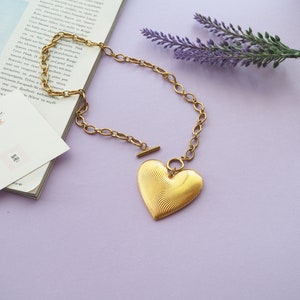 Link chain Finger print Gold Heart Statement Necklace, Gold oversized heart necklace, Big heart necklace,Silver big Heart image 3