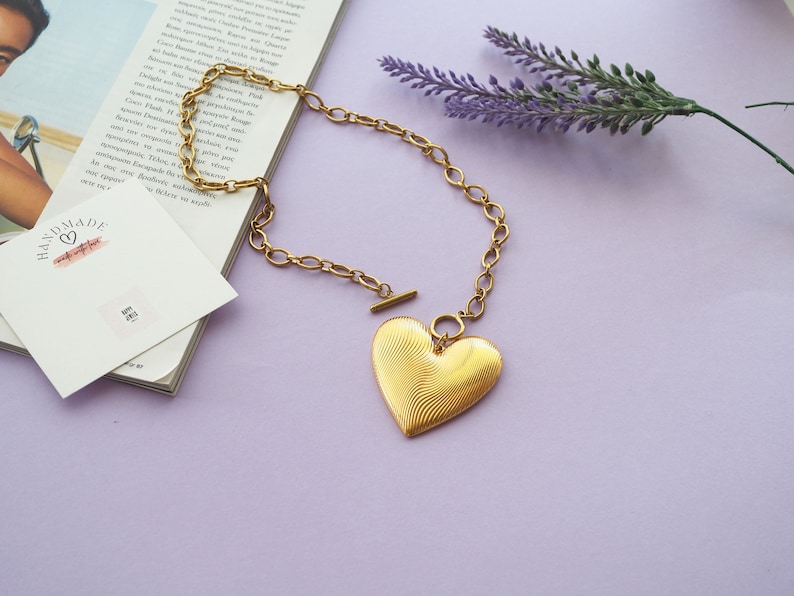 Link chain Finger print Gold Heart Statement Necklace, Gold oversized heart necklace, Big heart necklace,Silver big Heart image 3