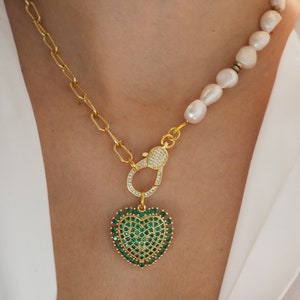 Half pearl and gold chain necklace, Long distance gift for her, Pearl necklace,Freshwater gold chunky necklace