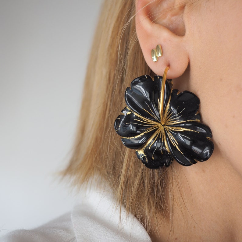 Big black flower gold hoop earrings, Statement earrings, Sakura earrings, image 7