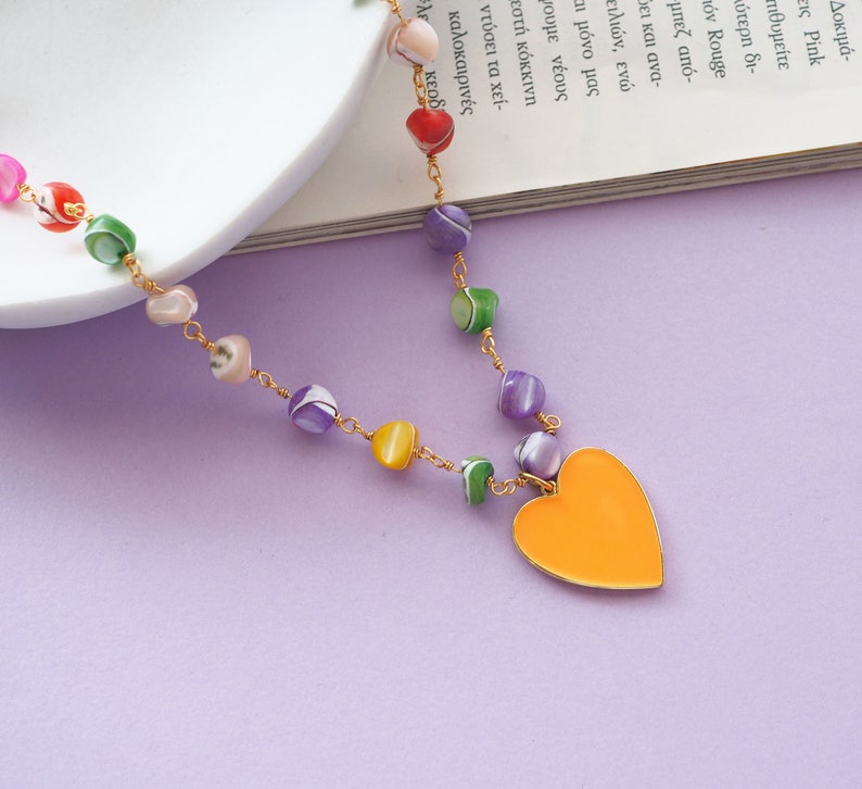 Colorful mother of pearl necklace summer, Rainbow heart necklace, Colored heart necklace, Colored Mother of Pearl Beaded Chain with Heart image 4