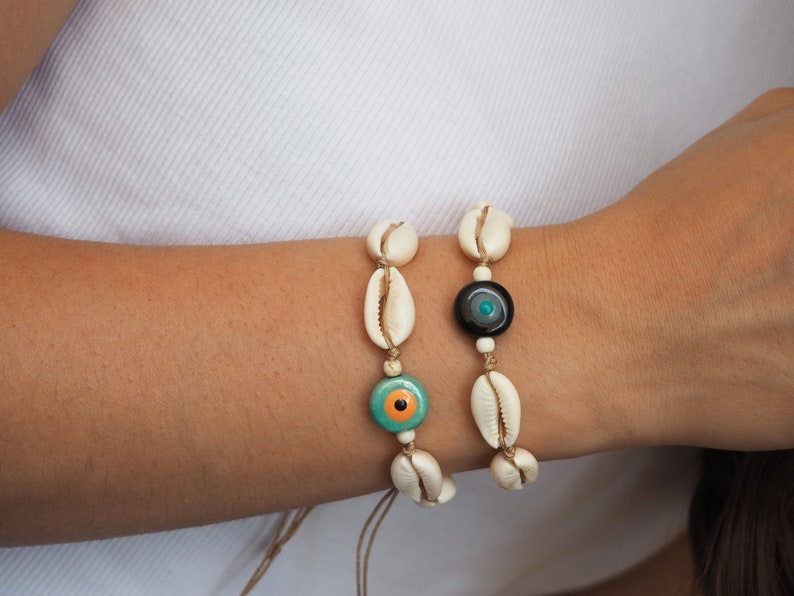 Evil eye with shell bracelet, Cowrie beach bracelet for women, image 3