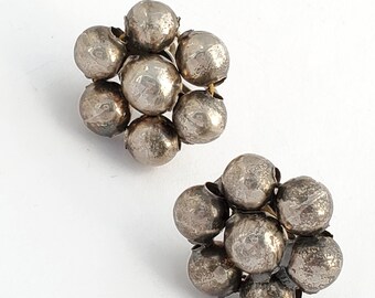 1940s Sterling Silver Bead Cluster Screw Back Earrings for Non-Pierced Ears